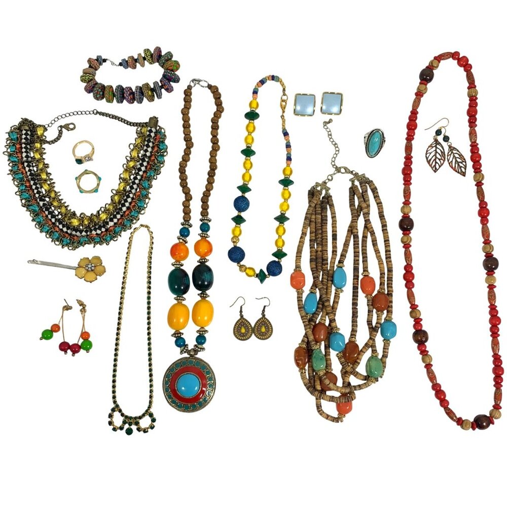Multicolor Tribal Boho Jewelry Lot 15 Mixed Necklaces Earrings Bracelets Rings